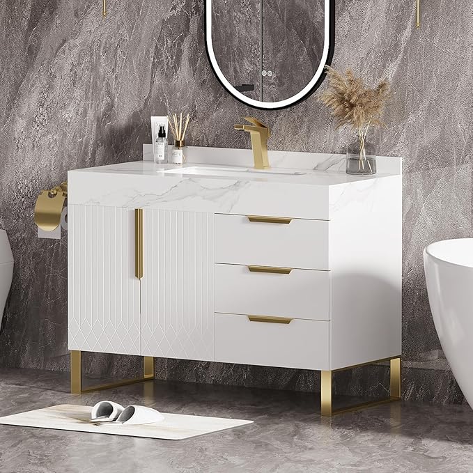 homary 36" Freestanding Bathroom Vanity Set with Single Sink, Modern Bathroom Sink Cabinet Storage Cabinet with Sintered Stone Countertop and Ample Storage, White