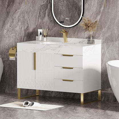 homary 36" Freestanding Bathroom Vanity Set with Single Sink, Modern Bathroom Sink Cabinet Storage Cabinet with Sintered Stone Countertop and Ample Storage, White
