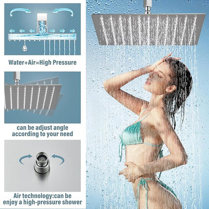 Shower Faucet Set Brushed Nickel Rain Shower System with High Pressure 12 Inches Rain Shower Head and Handheld Spray Bathroom Luxury Rain Mixer Shower Complete Combo Set Ceiling Mounted