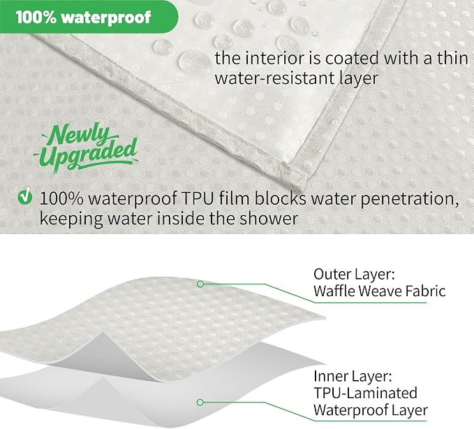 No Hook long Waffle Shower Curtain, No Liner Needed, 71x86 Inch, Cream | 100% waterproof TPU-laminated backing, magnetic weighted hem, machine washable, shower curtain set for bathroom or hotel use