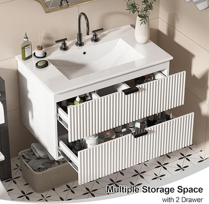 30" Bathroom Vanity with Sink Combo, Floating Vanity Bathroom Cabinet with Ceramic Basin, Soft-Close Function,Modern Wall Mount Sink Vanity for Guest or Master Bath