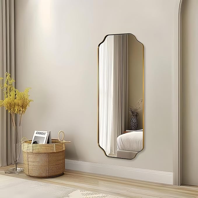 18" x 48" Full Length Wall Mirror, Large Brushed Gold Bathroom Mirror for Wall, Scalloped Corner Rectangle Body Mirror for Floor and Leaning