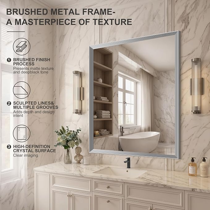 DESBING 36"x40" Silver Bathroom Mirrors for Over Sink | Tempered Glass, Metal Frame, Rectangle Vanity Wall Mirror for Bathroom, Living Room, Bedroom, Horizontally or Vertically