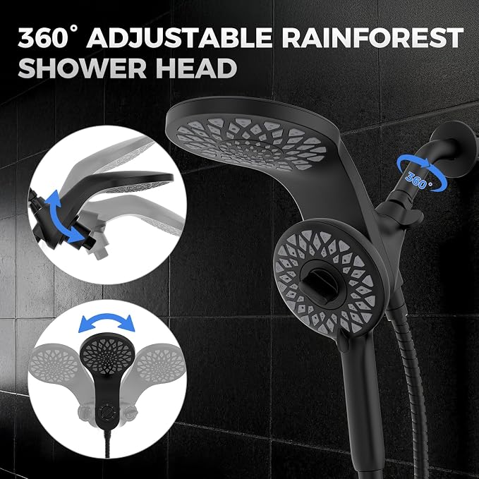 High Pressure Rain Shower Head with Handheld Spray Combo | Detachable Dual Shower Head with 10 Sprays Modes - Upgrade Knob Spray Mode Selector and Magnetic Guidance Docking System
