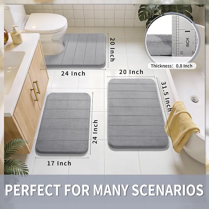 Yimobra Memory Foam Bath Mat 31.5x20, 5X Softer and Absorbent Bathroom Rug | Quick Dry Bath Rug, Non Slip Backing And Machine Washable Floor Carpet for Tub Shower, Home Decor Accessories, Grey