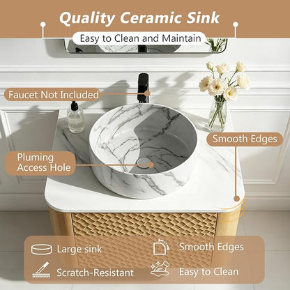 24 Inch Modern Bathroom Vanity with Ceramic Sink, Floating Bathroom Vanity Cabinet with Sintered Stone Top&Solid Wood Hammered Frame, Single Sink Bathroom Vanities w/Soft-Close Drawers,Natural