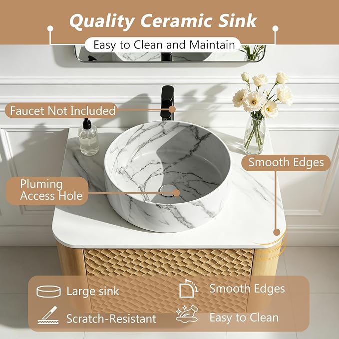 48 Inch Modern Bathroom Vanity with Ceramic Sink, Floating Bathroom Sink Cabinet with Sintered Stone Top&Solid Wood Hammered Frame, Single Bathroom Vanities w/Soft-Close Drawer&2 Side Open Cube