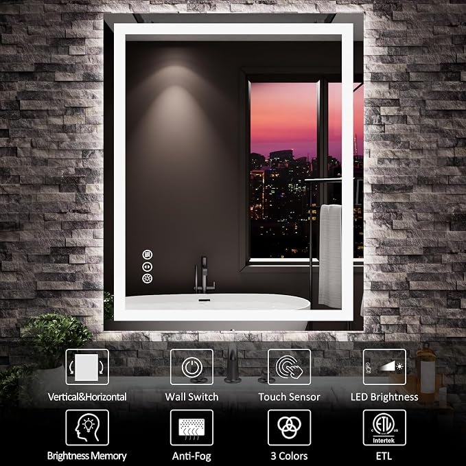 LED Mirror for Bathroom, 24"x30" with Front Light and Backlight | Stepless Dimmable, Anti-Fog, Shatter-Proof, HD Reflection, Memory, 3 Colors Lighting, UL Listed (Horizontal/Vertical).