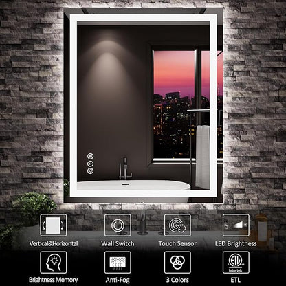 LED Mirror for Bathroom, 24"x30" with Front Light and Backlight | Stepless Dimmable, Anti-Fog, Shatter-Proof, HD Reflection, Memory, 3 Colors Lighting, UL Listed (Horizontal/Vertical).