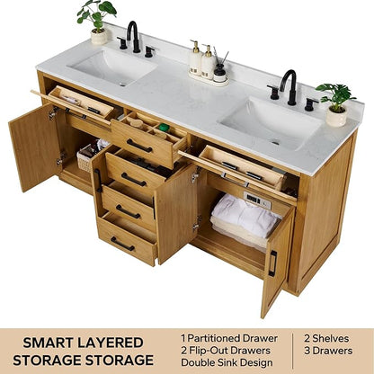 72-inch Natural Oak Bathroom Vanity with 2 Sinks, Solid Wood, 0.79-inch Stone Countertop and Backsplash, 6 Drawers, 4 Soft Closing Doors