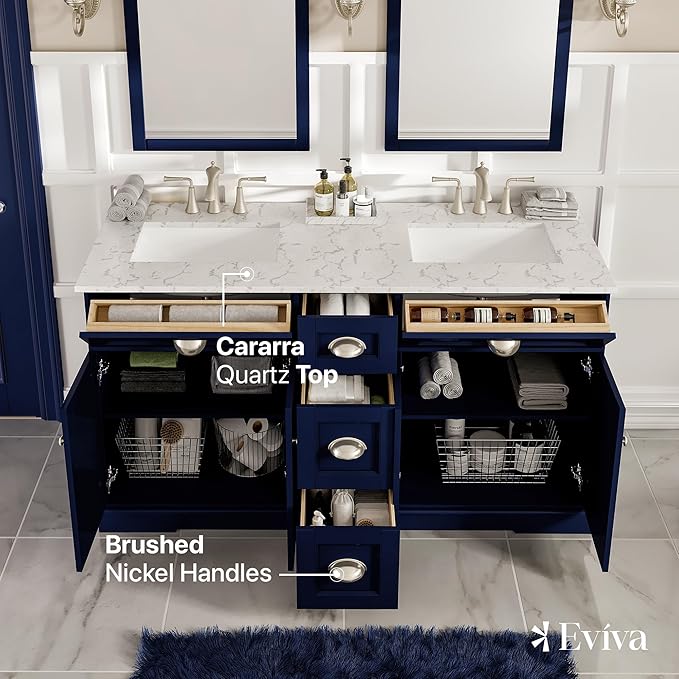Eviva Epic Blue 60 inch Bathroom Vanity with Sink - Porcelain Round-Bathroom Vanity Double Sink-Solid Wood 60" Vanity Bathroom Sink- Double Vanity Sink Cabinet