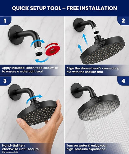 GURIN Shower Head - Luxury Matte Black Finish - Rain Showerhead 6 Inch | High Pressure Shower Heads with Adjustable Angles, 90 Anti-Clog Nozzles, Tool-Free 1-Min Install