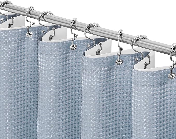 3 in 1 Fog Blue Shower Curtain with PEVA Liner, 12 Hooks, 72x72 | Luxury Weighted Fabric Shower Curtain Set, 12 Stainless Steel Double-Sided Hooks, Water Repellent, Bathroom Decor