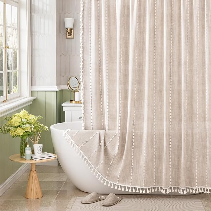 Bathway Farmhouse Shower Curtain Boho with Tassels, Linen Blend Heavy Duty Shower Curtain Set with 12 Metal Hooks, Vintage Luxury Rustic Elegant Fabric Curtain for Bathroom Window, 72x72 Inches, Beige