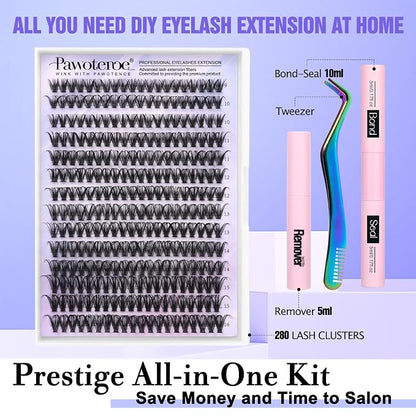 Lash Extension Kit DIY 280pcs Individual Lash Clusters Kit 9-16mm 40D Cluster Eyelash Extension Kit with Lash Bond and Seal, Lash Remover, Lash Tweezers for Self Use (40D, 9-16mm, All Kit)