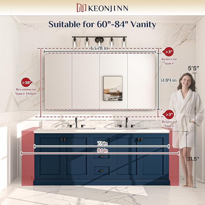Keonjinn 64" x 32" White Large Medicine Cabinet with Mirror, Tempered Glass | Assembly Required, Lightweight Aluminum Frame, Adjustable Shelves, Surface Mount or Recessed, Clear Reflection, Soft Close