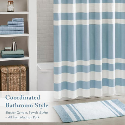 Madison Park Reversible Spa Rug 100%-Cotton Striped Ultra Soft Water Fast Bath Non-Slip Absorbent Quick Dry Mats for Tub, Shower Room, and Bathroom, 27"x45", Blue (MP72-6211) | Quick Dry, Ultra Soft, Pile, Machine Washable, Plush, OEKO-TEX Certified