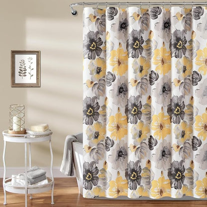 Lush Decor Leah Floral Shower Curtain, 72" W x 72" L, Yellow & Gray - Fabric Shower Curtains - Watercolor Botanical Bathroom Curtain - Farmhouse & French Country Decor (Pack of 6)