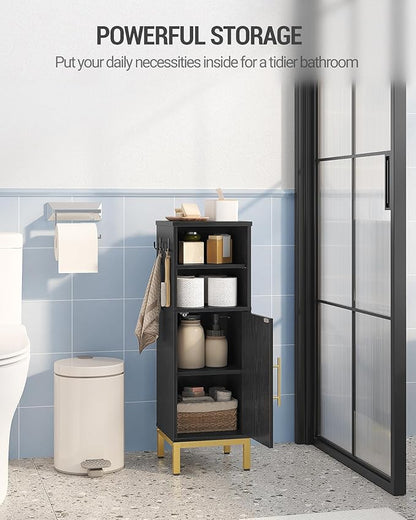 Bathroom Storage Cabinet, Corner Floor Cabinet with Door & Shelves, 2Hooks, Small Narrow Storage Organizer, Toilet Paper Cabinets for Small Space, Black SC06304GV1