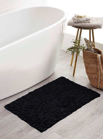 Home Weavers Bell Flower Collection 100% Cotton Tufted Bath Rugs, Extra Soft and Absorbent Bath Rugs, Non-Slip Bath Mats, Machine Washable, Bath Mats for Bathroom Floor, 21"x34" Rectangle, Black