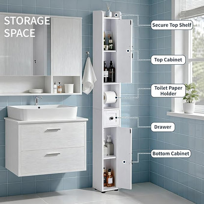 VECELO Narrow Bathroom Storage Cabinet, Tall Cabinet with Adjustable Shelves & Toilet Paper Holder & Drawer, Slim Freestanding Floor Cabinets with Magnetic Door for Small Spaces, White
