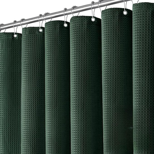 Waffle Shower Curtain 256 GSM Heavy Duty Fabric 72"x72" Dark Green | Thick Textured Cloth, Weighted Hem, Water Repellent Washable, Hotel Luxury Polyester Shower Curtain Set for Bathroom 12 Hooks