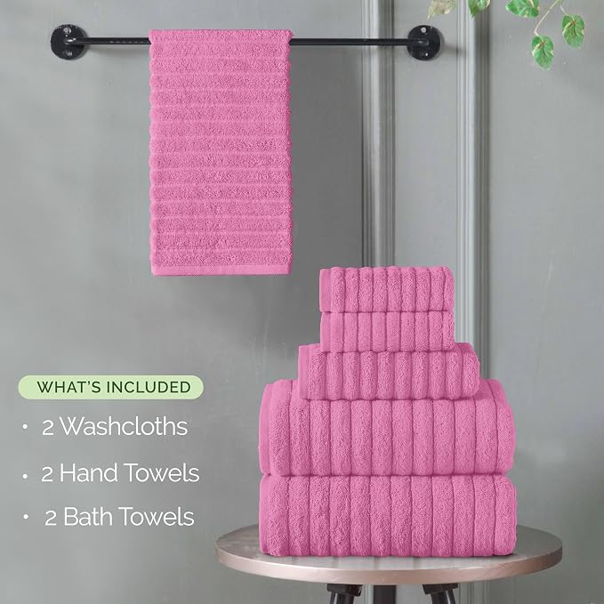 Elegant Comfort 100% Turkish Cotton Corduroy Ribbed Luxury Bath Towels 6-Piece Set, Premium Feel - Quick Dry, Highly Absorbent, Contains 2 Bath Towels, 2 Hand Towels, and 2 Washcloths, Light Pink