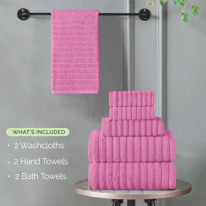 Elegant Comfort 100% Turkish Cotton Corduroy Ribbed Luxury Bath Towels 6-Piece Set, Premium Feel - Quick Dry, Highly Absorbent, Contains 2 Bath Towels, 2 Hand Towels, and 2 Washcloths, Light Pink