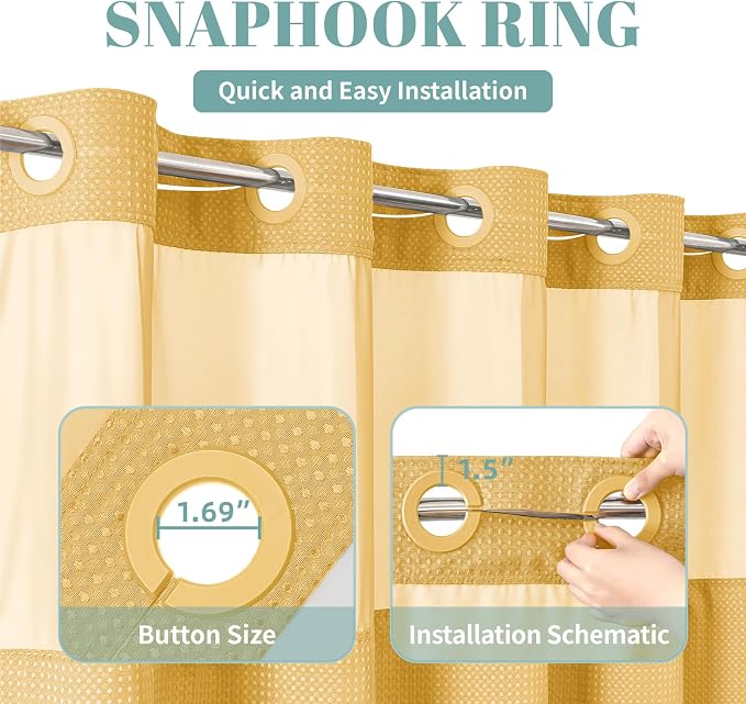 eachope No Hook Waffle Shower Curtain with Snap-in Liner, 71x77 Inch, Gold | 230 GSM waffle weave fabric, waterproof liner set with 2 bottom magnets, mesh top window, washable, for bathroom or hotel use