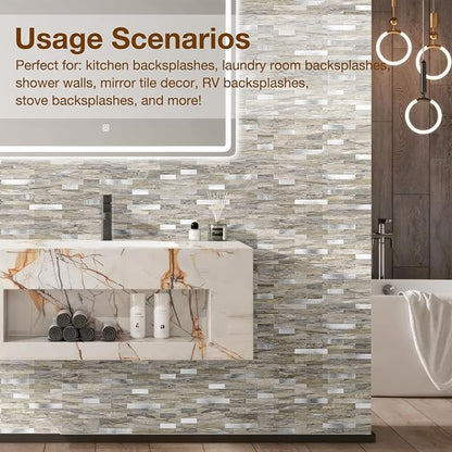 Peel and Stick Backsplash Tile Waterproof Removable PVC Wall Sticker 3D Faux Stone Marble Brick White Accent Panels (Gray - Yellow Stone - Metal Silver, 20 Tiles - 9 sq. ft. (0.84 M²))