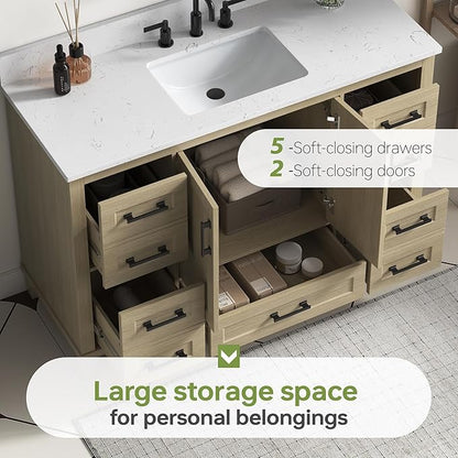 48-Inch Oak Bathroom Vanity with Sink, Fully Assembled Storage Cabinet Featuring 2 Soft-Close Doors & 5 Extendable Drawers, Carrara Engineered Stone Countertop, and Backsplash