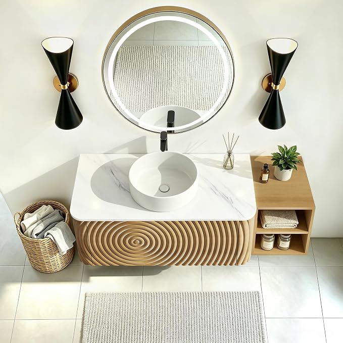 48" Floating Bathroom Vanity with Sink, Mid-Century Wall Mounted Bathroom Vanity Cabinet with Wood Waved Decor,Ceramic Vessel Basin and Sintered Stone Top, Soft Close Drawer, Side Open Cube