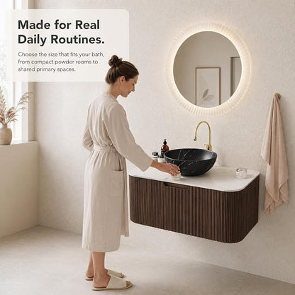 36 Inch Bathroom Vanity with Sink, Floating Wall Mounted Single Sink Vanity, Dark Walnut Curved Fluted Front, Stone Top, Black Marble Vessel Basin, Pre-Assembled