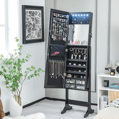 CHARMAID Jewelry Armoire Cabinet with Full Length Mirror, 6 LEDs Standing Lockable Jewelry Organizer with Vanity Makeup Mirror, 4 Storage Drawers, 4 Shelves, Lipstick Tray, 4 Angles (Black)