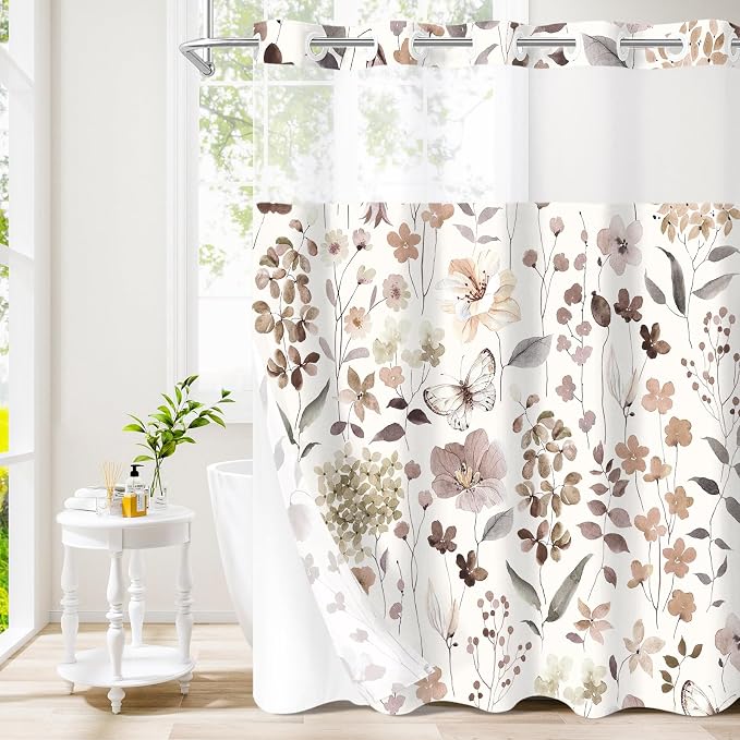 Litabel No Hook Brown Watercolor Floral Shower Curtain and Liner Set, 72x74 | Spring Flower Shower Curtains with Snap-in Liner for Farmhouse Bathroom Decor, Botanical Bathroom Curtain with Leaves