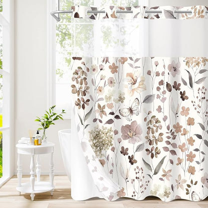 Litabel No Hook Brown Watercolor Floral Shower Curtain and Liner Set, 72x80 | Spring Flower Shower Curtains with Snap-in Liner for Farmhouse Bathroom Decor, Botanical Bathroom Curtain with Leaves
