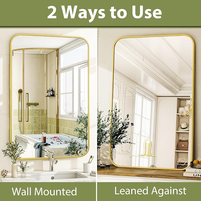 Easly 20 x 28 Inch Bathroom Mirror, Rounded Rectangular Vanity Mirror for Wall, Modern Mirror for Room Decor, Gold Framed Wall-Mounted Mirrors for Home Decor, Hangs Horizontally or Vertically