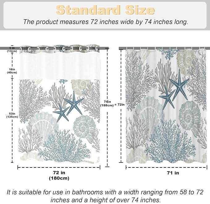 Modern Ocean Cute No Hook Shower Curtain Luxury Nautical Tropical | Kids No Hook Shower Curtain with Snap in Liner, Waterproof Ringless Shower Curtains for Bathroom 72x74 Inch Blue