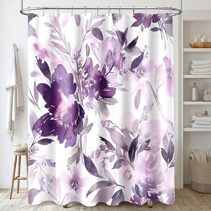 MAYZUS Floor to Ceiling Extra Long Flower Shower Curtain 72x96 Inch, Purple | X-Long Tall 8 Ft Watercolor Lavender Floral Modern Abstract Bathroom Fabric Shower Curtain Set with Hooks