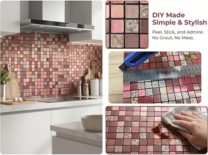 10 Sheets Peel and Stick Backsplash Tile for Kitchen, Self Adhesive wall Tiles, Stick on Bathroom Vanities, Fireplace Decor, Laundry Table (Red Mixed)