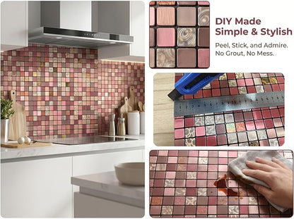 10 Sheets Peel and Stick Backsplash Tile for Kitchen, Self Adhesive wall Tiles, Stick on Bathroom Vanities, Fireplace Decor, Laundry Table (Red Mixed)