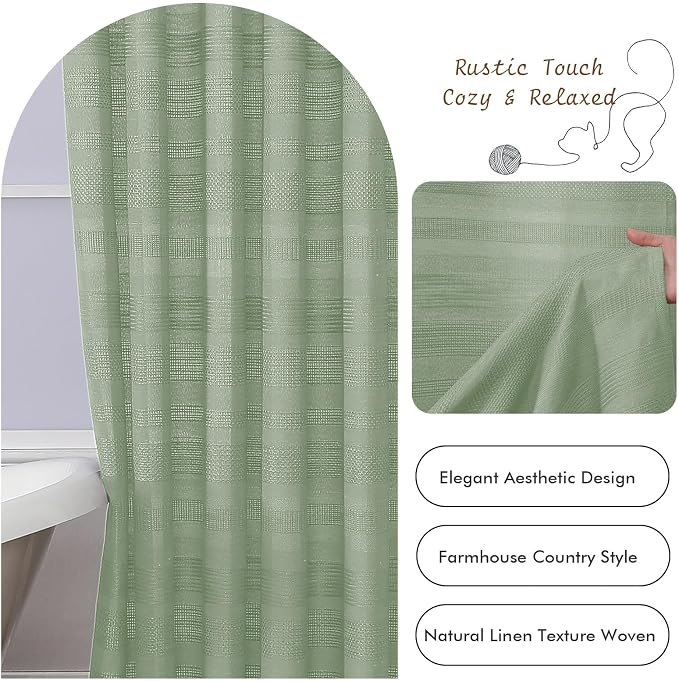 Extra Long Boho Shower Curtain 84 Inch Long, Modern Farmhouse Heavy Duty Linen Textured Soft Fabric, Rustic Country Cloth Shower Curtain with Tassel for Bathroom Hotel, 72Wx84L, Light Green