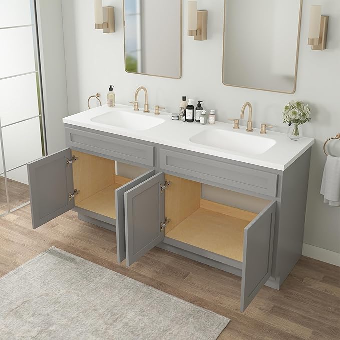 Vanity Art 78 Inch Bathroom Base Cabinet Only, Double Sink Top (Not Include Sink) with Door & Soft Close Hinge, Unassembled Floor Cabinet, Grey, 2ea 39 Inch Combo