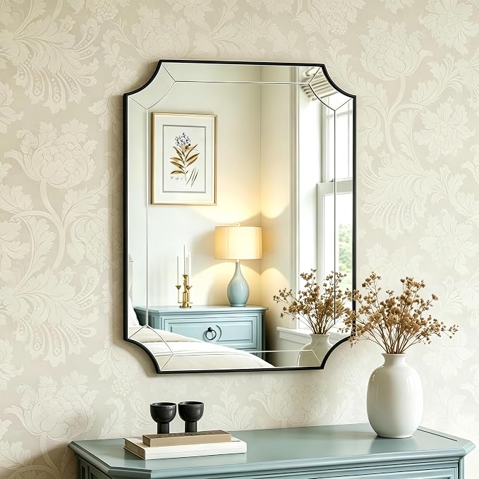 Bathroom Vanity Mirror, 24x32 Matte Black Rectangle Mirror with Scalloped Edge, Vintage Notched Corner Bathroom Mirror Metal Framed, Black Bathroom Mirror Ideal for Bathroom Remodel