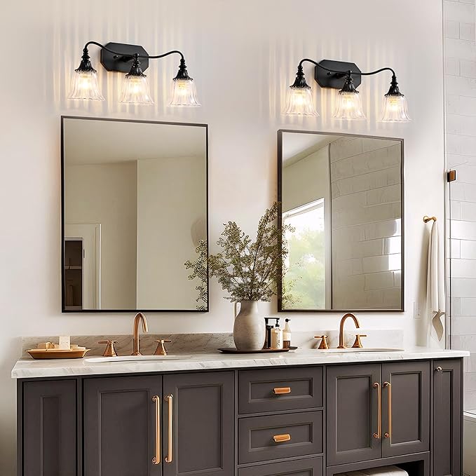 Bathroom Vanity Black Vintage Light Fixture, 3 Lights Bathroom Lighting Matte Antique Brass Finish with Crystal Glass Shade, Black Vintage Vanity Light for Bathrooms