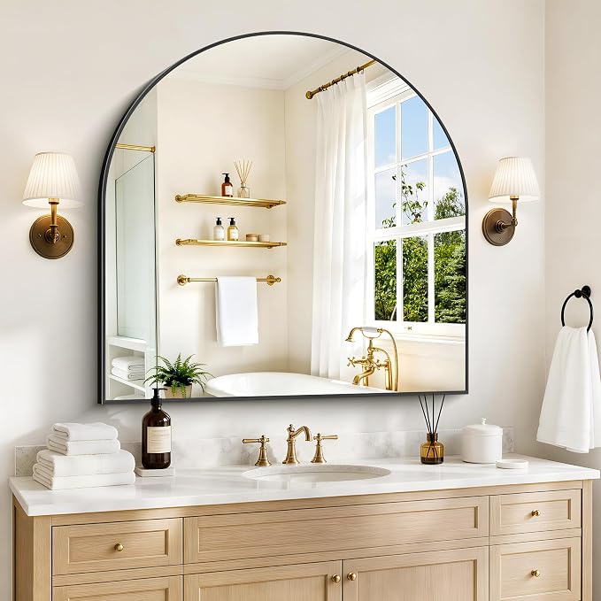 Arched Bathroom Mirror 42x42 Inch, Bathroom Mirror for Over Sink, Wide Wall Mounted Vanity Mirror with Aluminum Frame & Tempered Glass, Ideal for Bedroom, Entryway, Living Room, Mantel, Gold