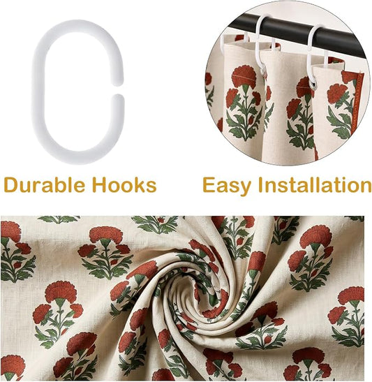 Boomkin Block Print Scalloped Shower Curtain Set with 12 Hooks | Red Shower Curtain Linen Textured Cottage Core Floral Bathroom Curtain for Vintage Farmhouse Bathroom 72 x 72 Inch