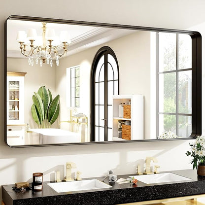 Easly 48"x30" Black Bathroom Mirror - Modern Black Mirror for Wall with Rounded Corners, Bathroom Mirrors for Vanity, Aluminum Alloy Framed Mirror Portrait or Landscape Hang