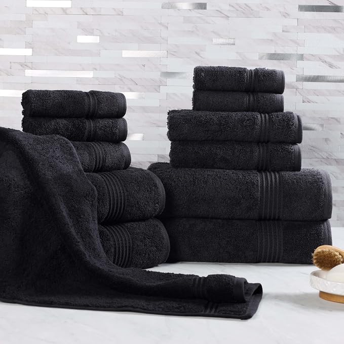 Superior Egyptian Cotton 12-Piece Towel Set, Assorted Towels for Home Bathroom, Guest Bath Decor Essentials, Includes 4 Bath, 4 Hand, 4 Face Towels/Washcloths, Quick Dry, Absorbent - Black
