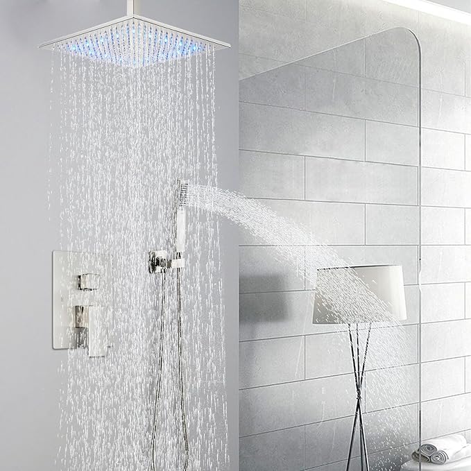 Shower System 12 Inch LED Square Showerhead Shower Faucet Set Shower Kit with Handheld Spray SUS304 Stainless Steel Shower Trim Kit Handheld shower with Rough-in Valve Brushed Nickle…